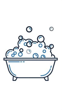 Bubbles Overflowing From Bathtub With Blue Outline And Clean White Background