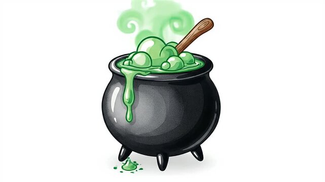 Bubbling Green Potion In Black Cauldron With Wooden Spoon Footage
