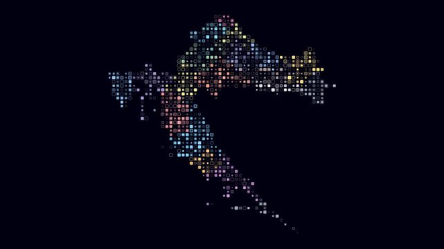 Croatia map animation. Shape of the country with pulsating colored dots. Small size rounded square blocks. Digital style Croatia map on dark background. Trending video.