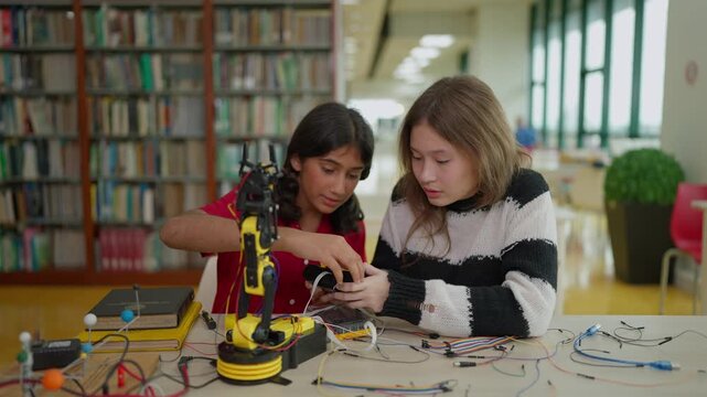 Two friends of different ethnicities studying a robotic arm while using a remote controller to operate the technology in an after-school library