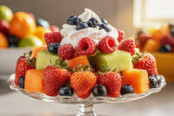 Beautifully arranged fresh fruit salad with whipped cream and berries on a glass stand