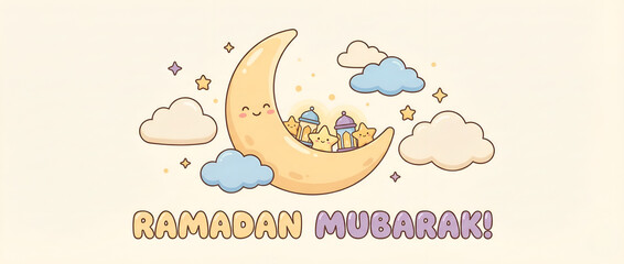 Fototapeta premium Ramadan Mubarak Crescent Moon with Lanterns and Clouds Illustration