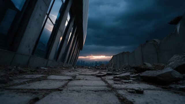 Abandoned rooftop broken concrete stormy sky dramatic sunset city skyline ruined parapet low angle urban decay desolate scene moody atmosphere rooftop walkway broken paving reflective glass facade