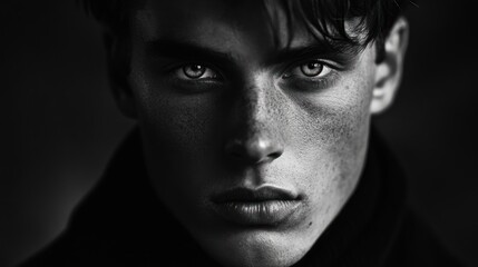 Close-up grayscale portrait of a young man with intense, piercing gaze.