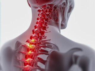 Medical illustration showing detailed red-highlighted human cervical and upper thoracic spine with areas indicating inflammation or pain in a translucent body model