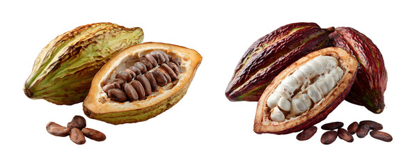 Freshly harvested cocoa pod and bean PNG set with transparent background