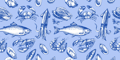 Sketch vintage seafood seamless pattern. Mediterranean food menu design. Hand drawn vector illustration background © pim