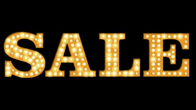 SALE sign Video with transparent background, Casino Golden LED bright yellow light bulbs SALE sign glowing at night for holiday and business promotion, sale title, SALE video title with no background