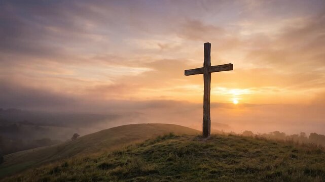 Cross on hill at fiery sunset with Jesus empty tomb reflecting ray, hope faith religion concept for Christian Easter worship video