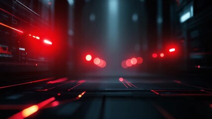 Futuristic corridor with glowing red light bokeh reflections, cyberpunk neon technology dark industrial server room corridor with reflective floor, cool blue fog, cinematic circuit floor moody - Powered by Adobe