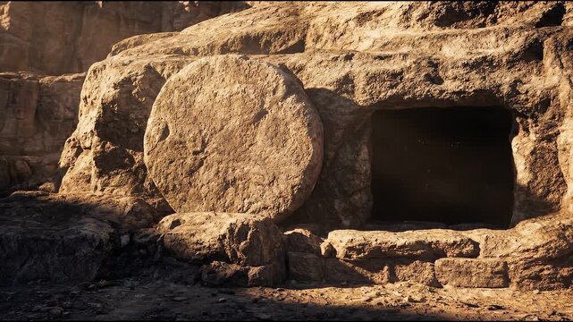 Empty tomb of Jesus with stone rolled away, then shepherd guiding sheep through a sunlit pastoral landscape, inspiring hope and resurrection footage.