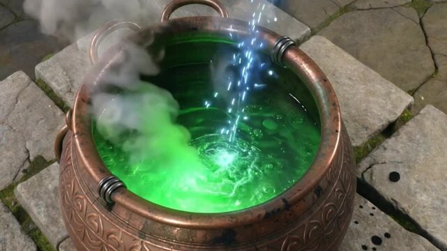 Mystical Brew: A cauldron bubbling with a mysterious, vivid green liquid, releasing wisps of ethereal smoke amidst a scene of enchantment and fantasy.