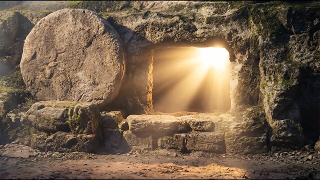 Easter resurrection tomb with radiant light streaming from a cave entrance, symbolizing Christs glory and rebirth, religious footage
