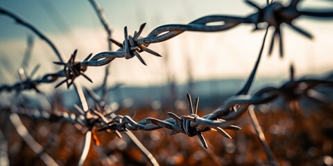 A close-up, detailed shot of a barbwire and razor wire fence's sharp features