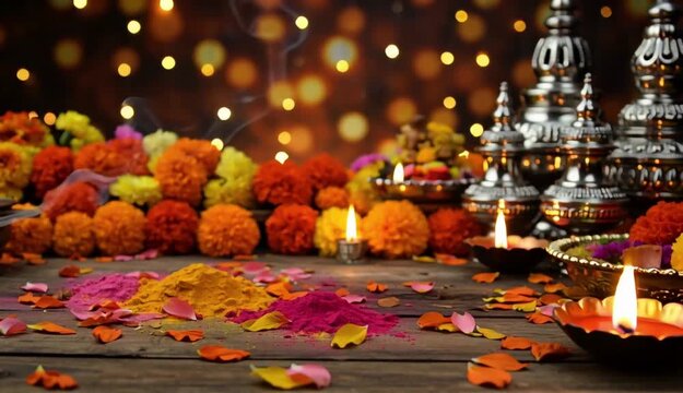 Colorful Indian festive and festival decorations and accessories. Holiday concept, Holi, New Year, Gudi Padwa, Diwali. Illustration for design, print, ... See More