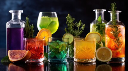 Assortment of vibrant refreshing cocktails and infusions with fruit and herb garnishes. Summer beverage concept for party.