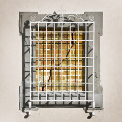 SYMBOLIC WINDOW WITH BARS AND CRACKED WALL - Conceptual image of confinement, broken barrier, fragility, struggle for freedom, limit, fracture and transformation beyond obstacles
