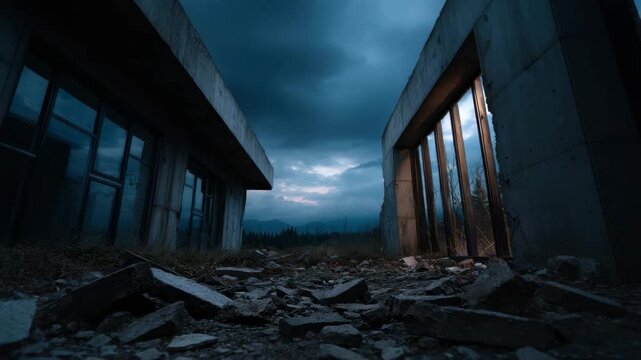 Abandoned building concrete ruin broken glass rubble moody sky twilight overcast dramatic clouds desolate landscape abandoned concrete structure with broken rubble moody blue twilight sky overgrown