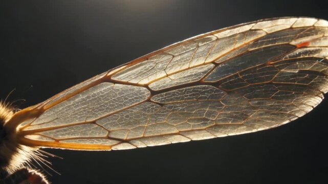 Intricate Insect Wing: A close-up view reveals the delicate beauty of an insect's wing, showcasing intricate patterns and textures, highlighted by sunlight.