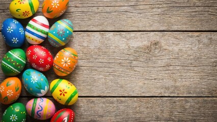 Colorful ornate decoration Easter eggs on wooden background with easter, celebration, white, egg, background, wooden, colours