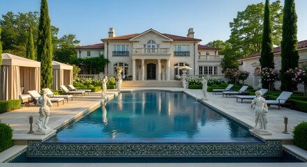 Luxury mansion with pool and statues under clear sky