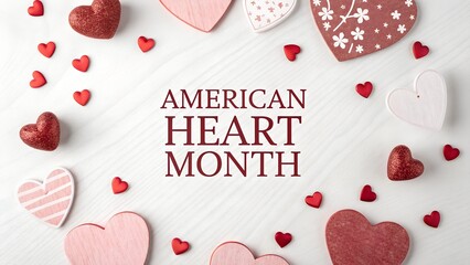 American Heart Month A festive arrangement of hearts and text celebrating American Heart Month