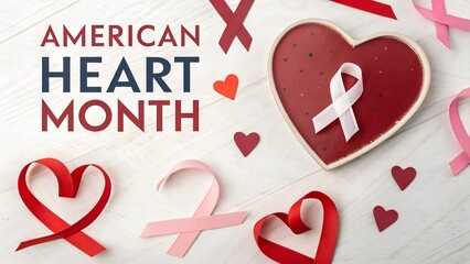 American Heart Month A heartwarming image celebrating American Heart Month with red and pink ribbons and hearts