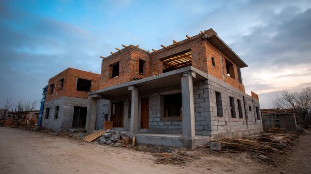 Unfinished two story brick and concrete house construction dusk with scaffolding, concrete columns and construction materials site, warm evening light and moody sky conveying calm industrious progress