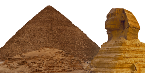 Sphinx against the backdrop of the great Egyptian pyramids. Africa, Giza Plateau.
