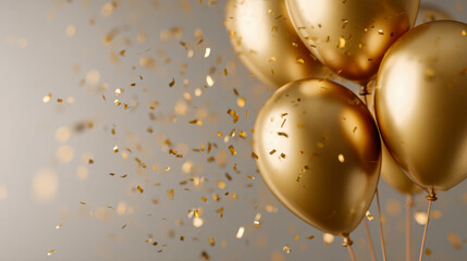 Festive golden balloons floating amidst shimmering golden confetti creating a joyful and celebratory atmosphere for special occasions and parties