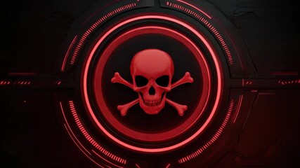 Red skull and crossbone emblem centered glowing red circular cyber interface warning hazard emblem. futuristic tech red neon skull and crossed bone emblem dark cyber interface conveying ominous - Powered by Adobe