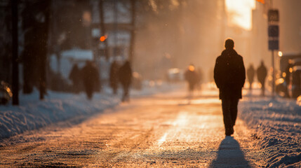 Person walking alone on a snowy street during golden hour with blurred crowds and warm sunlight casting long shadows on the winter pathway in an urban setting
