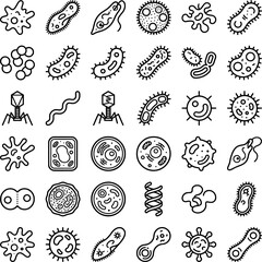 Obraz premium Microscopic Pond Life and Protozoa Vector Icon Set, Educational Biology Line Art of Amoeba Bacteria and Single Cell Organisms for Science School Material