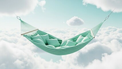 Dreamy hammock suspended amidst fluffy clouds in a serene sky