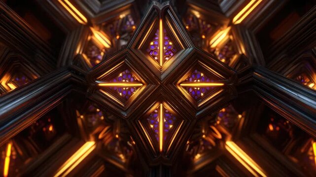 Glowing intricate geometric metallic beam structure with warm orange light and violet panel perforated pattern, futuristic symmetric glowing ambient glow，metallic beams and intricate detail evoking