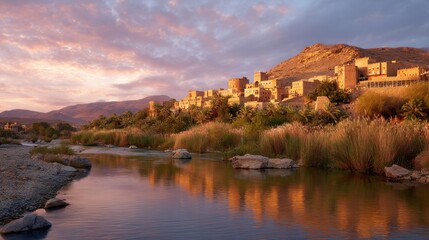 Fototapeta premium Historic village on hillside with river in foreground at sunset. Traditional ancient architecture set in scenic desert landscape. Travel.