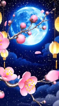Serene Night Sky Featuring Full Moon Blossoms and Lanterns with a Mystical
