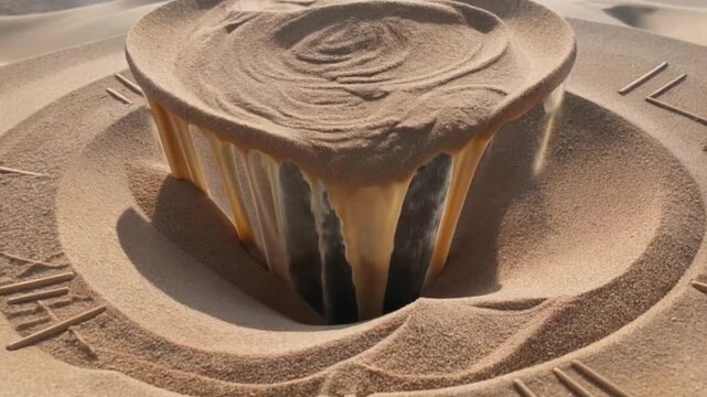 Erosion's Embrace: A sculpted hourglass, formed of sand, depicts the relentless march of time, and the captivating dance of erosion against a sandy landscape.