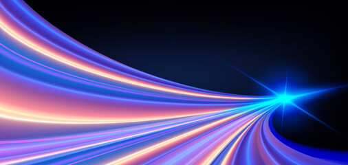 Abstract high-speed neon light trails vector background on black