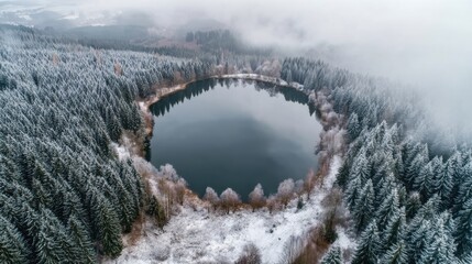 Aerial view of circular lake surrounded by snowy pine forest. Winter landscape with frozen trees and calm water for nature concept.