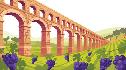 Fototapeta premium A vector illustration of an ancient Roman aqueduct surrounded by lush greenery and grapevines in a serene landscape
