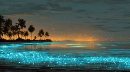 Bioluminescent waves glow on a tropical beach at night with palm trees silhouetted against a golden sky, ethereal ocean scene for travel