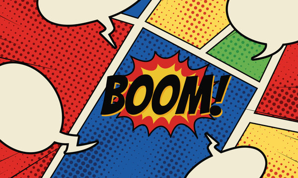 Retro comic book page template with colorful halftone panels, empty speech bubbles, and a central "BOOM!" sound effect burst.