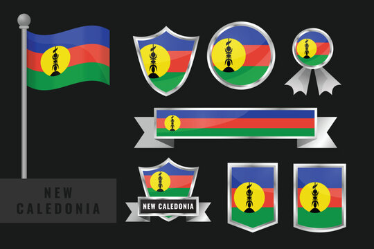 Vector set of New Caledonia flags and emblems. Includes waving flag, shields, badges, ribbons, banners with blue top/bottom, red middle, yellow disc with black Kanak fl&egrave;che fa&icirc;ti&egrave;re symbol of independ