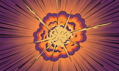 Dynamic orange and purple comic book explosion background with radial speed lines, smoke clouds, and powerful impact sparks.