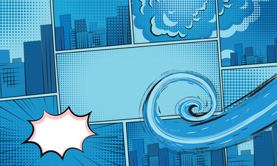 Blue comic book page template with city silhouettes, halftone panels, a large water splash or wave, and empty speech bubbles.