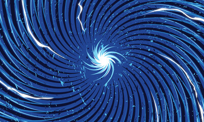 Abstract blue comic book swirl background with a central light portal, glowing lightning bolts, and textured spiral motion lines.