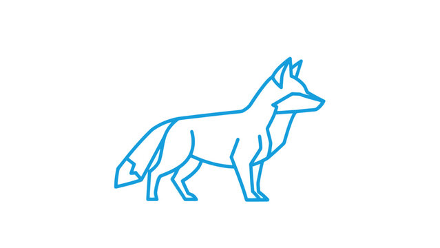 Minimalist blue outline drawing of a fox standing on a white background