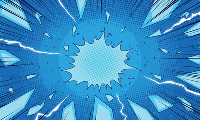 Explosive blue comic book background featuring shattered glass effects, radial speed lines, lightning bolts, and a central halftone burst.