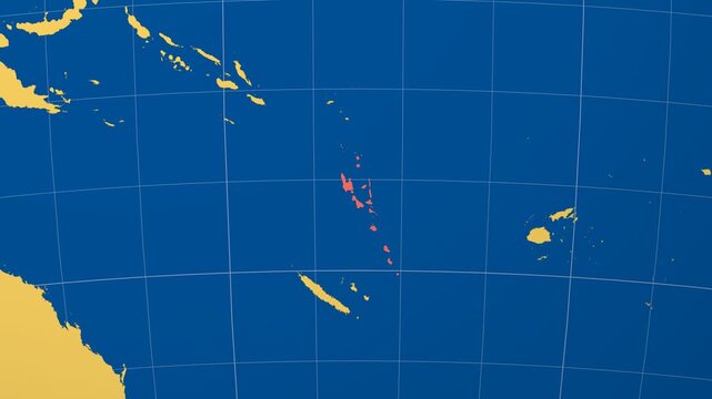 Vanuatu on Globe. Animated zoom into the country in Ocean Blue Golden Yellow color palette. Vanuatu logo animation. Map with meridians, parallels. Vibrant video.